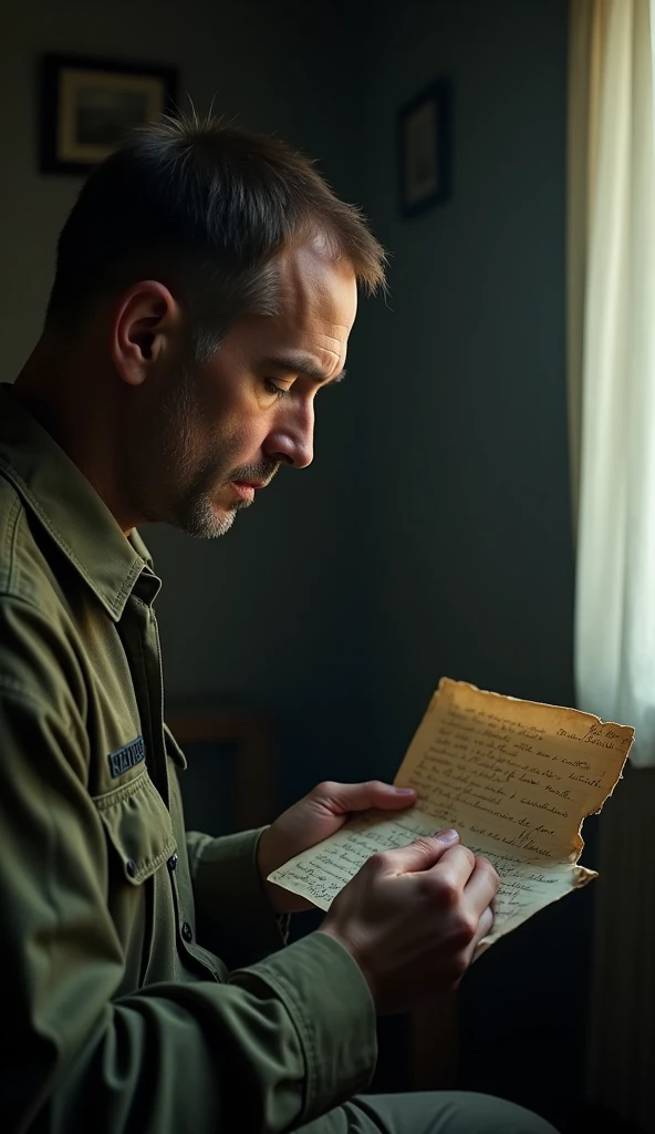 A 4K shot of a soldier’s old, crumpled letter from home. The camera pans from the letter to his empty gaze, sitting alone in a small, dark room. (UHD, cinematic, soft lighting, nostalgic mood)