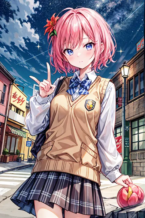 [ph Peach, Peach, ふPeach, Alone,  1 girl,   Pink Hair,  purple eyes, short hair,  hair flower , Sweater vest,   school uniform with narrow eye space , Big Eyes,  Plaid Skirt, 黒の太Peachハイソックス, Peace Sign ,  and embarrassed， Your enchanting gray-blue eyes shi...