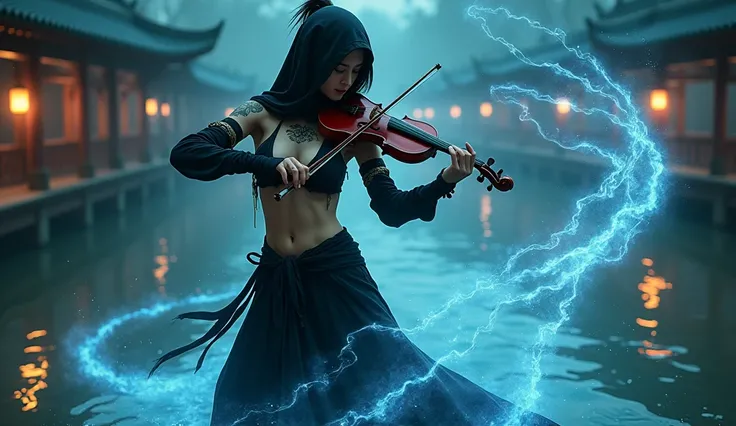 a sexy female ninja in a dark atmosphere, torn clothes,  currents flying from all directions , playing violin, tattoo, chains as the main weapon ,  random current movements ,  currents flying towards the observer, strong depth of field, Ancient Chinese vil...