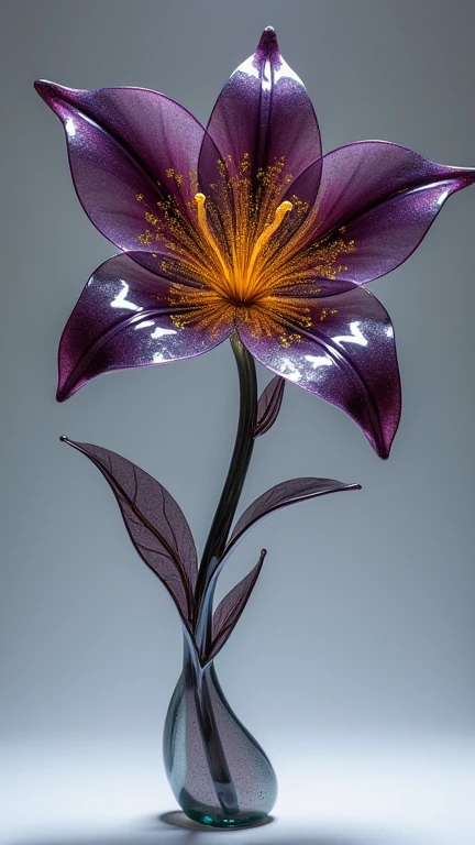 A flower made of glass , similar to lily,  Its a dark purple hue ,  and has kintsugi art like a gold pattern.
