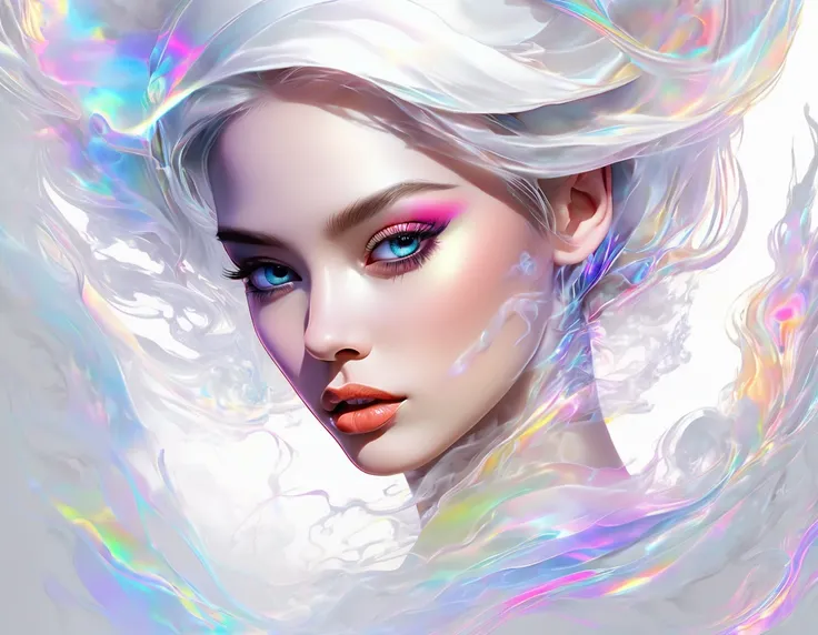 Top quality, best image quality, digital art of beautiful girls face, Three-quarter view, Thoughtful, white outline, slit eyes, eye shadow, blusher, lipstick, transparent iridescent smoke on the back of her head, fantastic, fashionable, aesthetic, image pr...