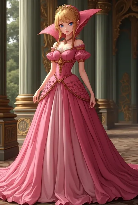 Anime, Renaissance Princess Zelda wearing a Pink Dress with a Massive Popped Collar thats taller than her head