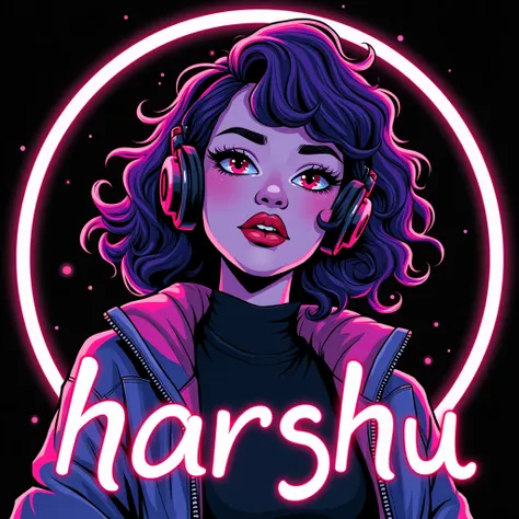 Create a anime style potrait Image is a digital illustration in a vibrant, neon cyberpunk style. It features a female character with striking purple hair styled in voluminous curls. The womans facial features are sharply defined, with a confident expressio...