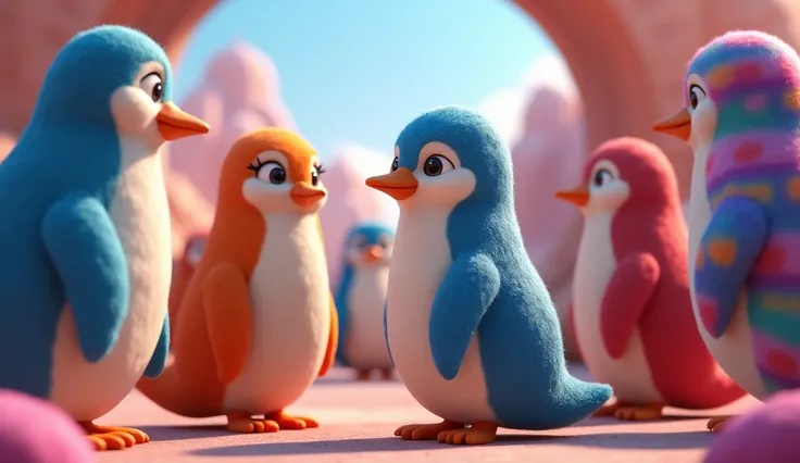 Meeting the Colorful Penguins: A group of brightly colored penguins greets penguin. Each penguin is uniquely patterned with bold, vibrant colors—one is blue, another red, and another rainbow-striped. They stand around Penny, welcoming him with smiles and l...