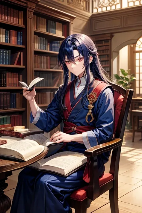 An anime guy with sharp red eyes represents long indigo hair  , with fair skin and wearing all the imaginary indigo clothes sitting on a chair with a book in his hand with a library background
