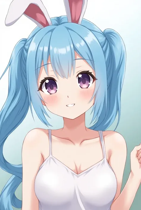  1 girl,  High Resolution , chest,  blushes, smile,  Twin Tail, Blue Hair/Light blue hair, tooth, Bunny ears,  anatomically correct, Raise your eyebrows, Older sister、