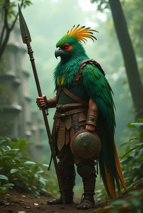  Imagine a humanoid Viking quetzal ,  with bright green feathers and a long tail that flutters in the wind .  He wears light leather armor adorned with Mayan symbols and Norse runes. In your hands,  he carries a spear carved with delicate details and a sma...