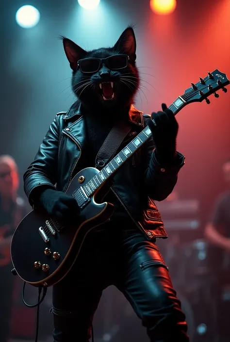 A black rocker cat with a guitar