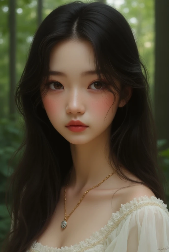  A realistic portrait of a . She has dark brown ,  very long and straight hair .  The eyes are dark brown .  My face is narrow and she has freckles .  She is wearing a white dress and a gold necklace . a forest can be seen in the background.