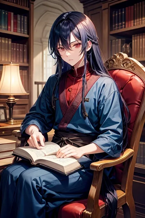 An anime guy with sharp red eyes represents long indigo hair , with fair skin and wearing all the imaginary indigo clothes sitting on a chair with a book in his hand with a library background
