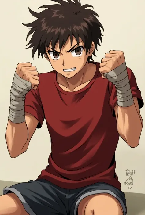 Anime determined male with dark brown short messy hair and with bandages in his hands/fists wearing a casual red t-shirt and casual shorts