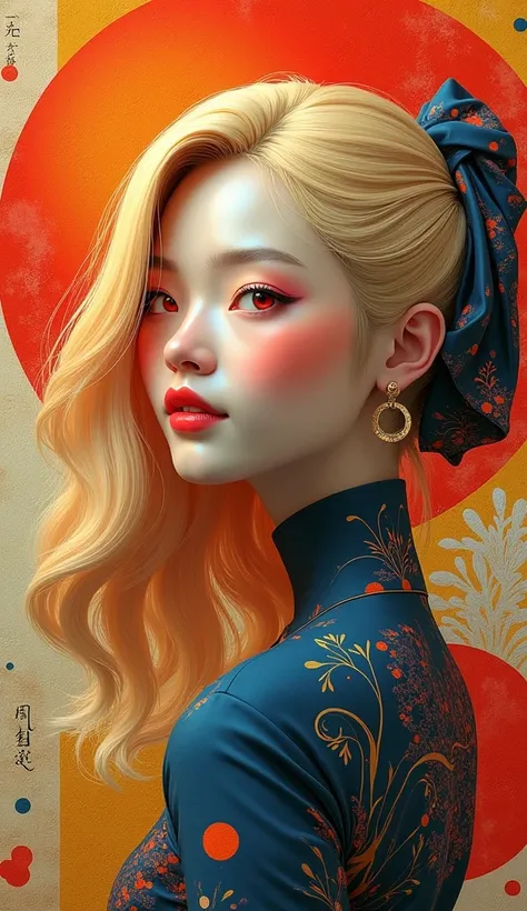 Blonde Hair, Smile, Red Eyes, Multiple Views, Constructivism, Color Field Painting, Ukiyo-e, 3D Rendering, 