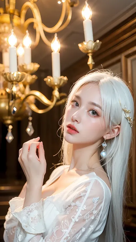 8k,  Best Quality, Girl 1, Blue tone, white light, very pale, girl holding white cloth, Very white hair, Presence of bangs, Very white skin, Opal-like jewel eyes, very droopy eyes, big eyes, A pure white dress, indoor background, Palace background in white...