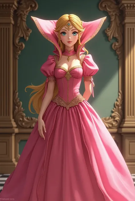 Anime, Renaissance Princess Zelda wearing a Pink Dress with a Massive Popped Collar thats taller than her head