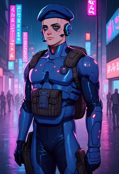 score_9, score_8_up, score_7_up, best quality, fusilier:1.2, masterpiece, cyberpunk man,  bald,  , blue military satchel beret, dark eyeshadow, blue armour, panoceania,  , military insignias, stripes,  , headset, blue and gray power armour, black bodysuit,...