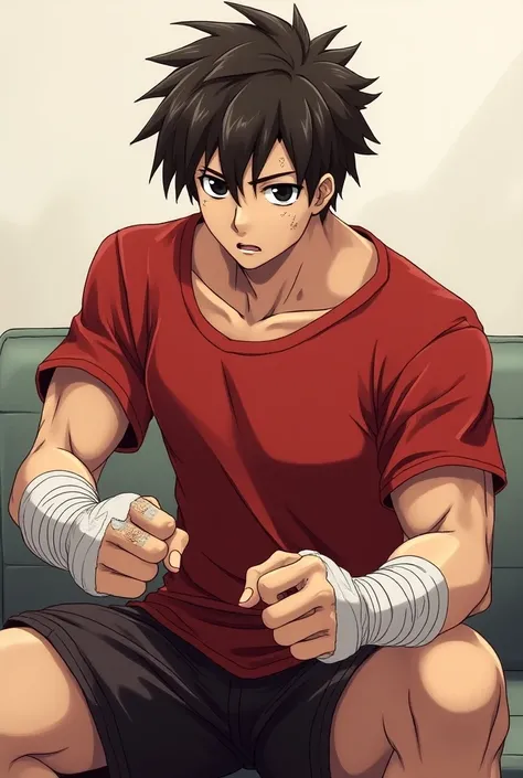 Anime determined male with dark brown short messy hair and with bandages in his hands/fists wearing a casual red t-shirt and casual shorts