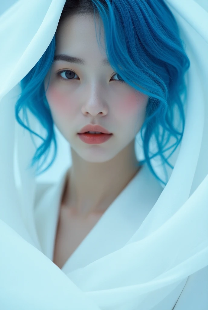 Close-up of a blue-haired woman dressed in white 