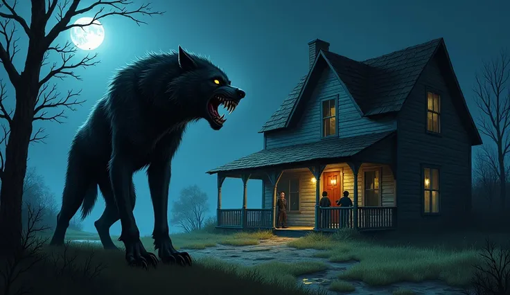 a simple, creepy wooden house in the countryside, under a full moon night. A terrifyingly drooling, bloodthirsty werewolf with black fur, standing on two paws, would be in front of the house, with yellow eyes glowing in the darkness, while a man and a boy ...