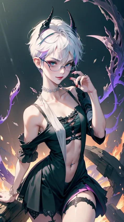 8k, masterpiece, best quality, highly detailed, 1 girl, devil, demon horns, warlock, pixie cut, white hair, multicolored hair, very short straight hair, red highlight hair on white hair, strippled hair, wearing glasses, round glasses, earrings, navel pierc...