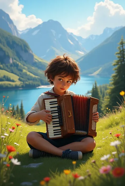 A boy with an accordion and a beautiful landscape