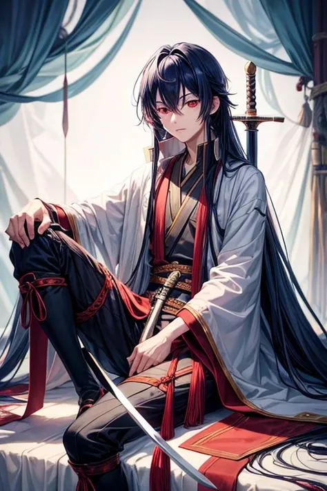 An anime guy with sharp red eyes represents long indigo hair ,With fair skin and wearing all the imaginary Nilotic clothes, he is sitting holding a sword
