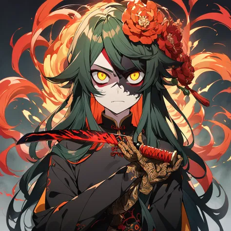 man,Anime,Young man, long hair, dark green like black , eyes yellow mixed with red and orange ,Psychopathic appearance , red hikangabana flower aura ,anime,  high definition,  best quality,  background has red mixed black art color, looks dark.,  Wearing a...