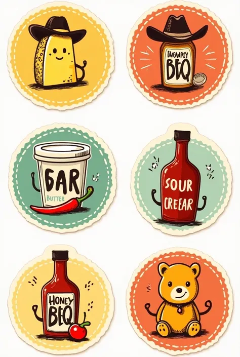 sticker labels

5 pieces

separately


Cheese,
BBQ,
Sour Cream,
Spicy BBQ,
Honey Butter 


give me 5 labels, divided, make it fancy, mascot logo,  friendly, in different colors. 