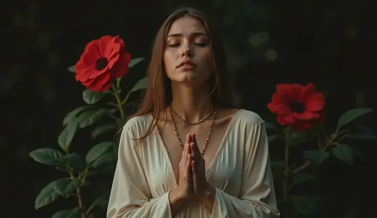 A 20-year-old stylish american woman wearing spiritual dress praying with a gold rosary, elegantly wrapping around her hands in a prayer position, hands raised in worship, tears glistening on her cheeks, set against a dreamy vast dark landscape with red fl...