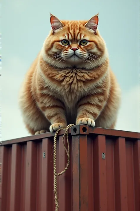 "A large, chubby cat stands atop a long container truck, his fluffy body contrasting with the hard, industrial vehicle. His paws are clinging near a thick rope thats loosely tied along the side of the container, one foot precariously close to the edge as h...