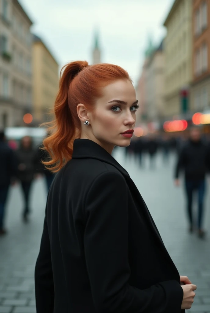 A confident redhead woman with piercing blue eyes and a chic ponytail confidently walks through the vibrant streets of Moscow, close up ,radiating sophistication and independence. Dressed in elegant attire, she captivates onlookers with her alluring presen...