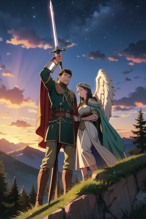 best quality image of the mountainous forest overlooking the twilight, an imperial Roman soldier raises his sword upwards and a beautiful female angel going down from the heavens reaching the sword and touching its tip.