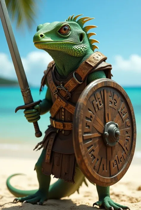   Imagine a humanoid Viking iguana ,  his scaly skin decorated with war patterns in green and gold .  He wears leather armor with steel plates , adorned with Norse runes . In your hands,  he carries a long sword and a large wooden shield carved with ancien...