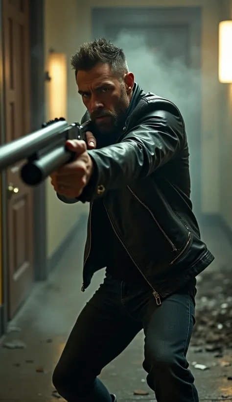 An angry man, bearded, short hair, in a black leather jacket and dark jeans, is aiming a long barelled shotgun at an enemy. In a chaotic lobby. Smoke and debris around him. Action movie scene. Cinematic lightings. Dramatic angle. 
Perfect anatomy. Perfect ...