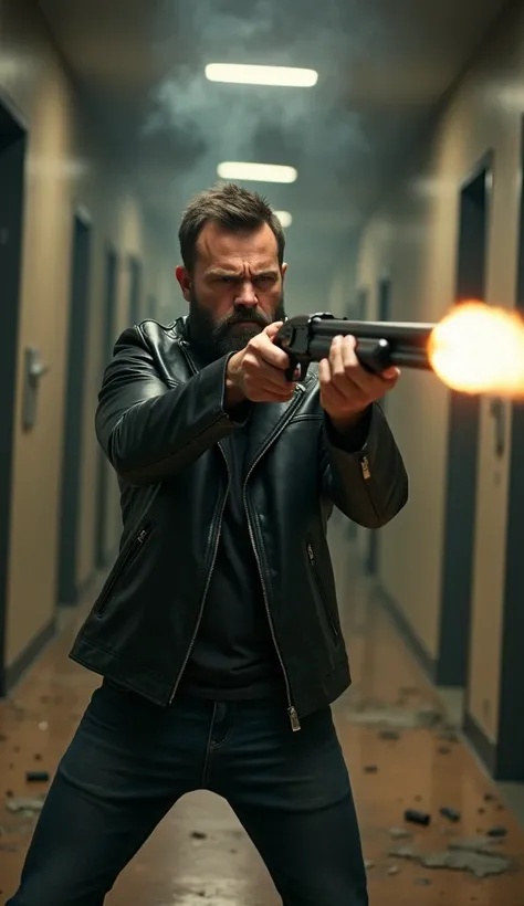 An angry man, bearded, short hair, in a black leather jacket and dark jeans, is aiming a long barelled shotgun at an enemy. In a chaotic lobby. Smoke and debris around him. Action movie scene. Cinematic lightings. Dramatic angle. 
Perfect anatomy. Perfect ...