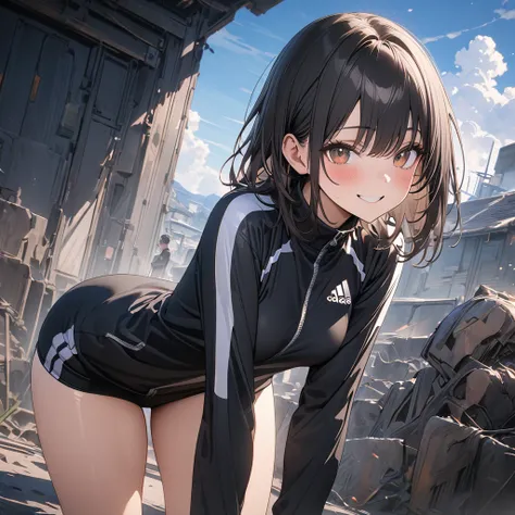 (Best Quality),(masterpiece),(Super detailed),(8k),(32K),( Perfect Anatomy),(Perfect hands),One Girl、Brown eyes、(Short black hair:1.5)、smile、blush、(Small breasts),black Sweatsuit、black buruma,Thighs、blue sky,Stand facing forward、