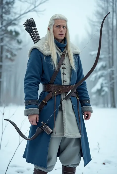 a Russian man, white skinned,  almost white blond hair and long and smooth ,  with archer clothing in blue and white, in a snowy environment ,  with a bow and arrow and a quiver ,  with one eye blue and the other brown 