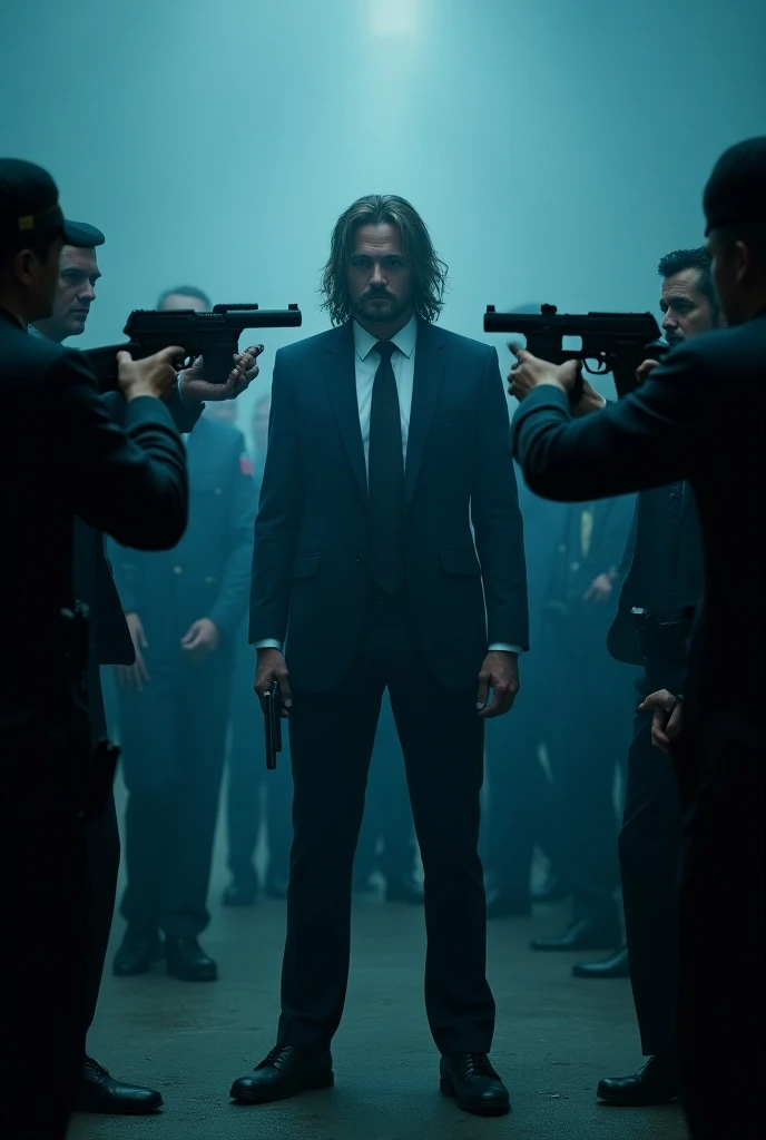 A man with long hair  standing  in middle of the surrounders with suite and gun in handy. Surrounded by cops with holding gun and targeting the standing man head in background of bluish frames.