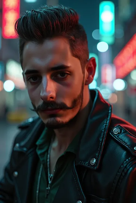 Remake face with mustache without tips to the side hair even hairstyle without being gray and black leather jacket, epic, GTA vice, cyberpunk, Ultra HD 8K