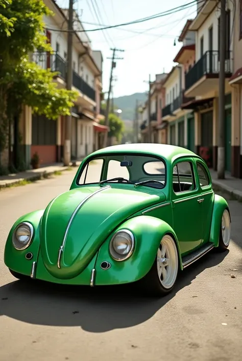 Volkswagen Beetle green Guarujá wheels in white, lowered suspension