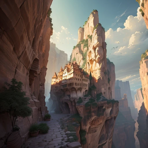 ((Best quality)), (((masterpiece))), dynamic lighting, (Canyon cliff city), (Medieval architecture), ((House built on a rock wall)), very deep canyons in the middle, Deep river at the bottom of the canyon, (architectural streets, bazaars, (Bridges)), cloud...