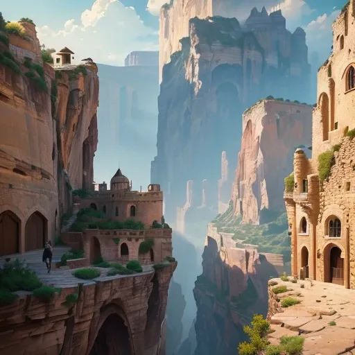 ((Best quality)), (((masterpiece))), dynamic lighting, (Canyon cliff city), (Medieval architecture), ((House built on a rock wall)), very deep canyons in the middle, Deep river at the bottom of the canyon, (architectural streets, bazaars, (Bridges)), cloud...