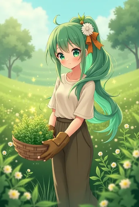 A kawaii cute anime girl, 1 long ponytail tied with a glittery orange mix decorated scattered yellow glowing stars ribbon, hair color multicolor light brown and blonde, eye color teal green like fresh morning leaves, a beautiful pure white carnation flower...