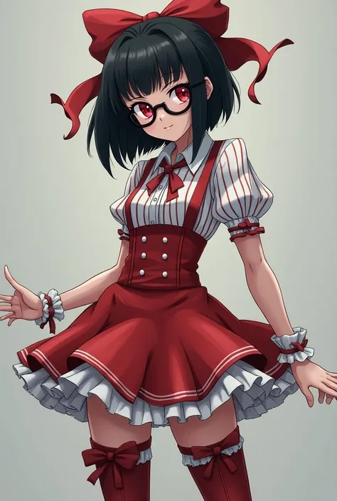   a 16-year-old girl tall slim build , Flat breasts, Jet black hair in a Bob style cut , red eyes with a sharp look .  That gave her a serious and intellectual air ,  she was wearing black librarian glasses ;  wearing a magic girls uniform that includes a ...