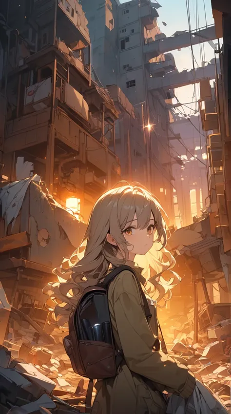 One Girl、 Curious Expression 、 long wavy hair 、Tattered clothes、 Attitude of Collecting Waste Materials 、Small breasts、 Packing Items in a Backpack、  
   break、  
   Twilight、(Mysterious Light:1.3)、 warm colors 、Soft Shadows、Adventurous atmosphere、  
   br...