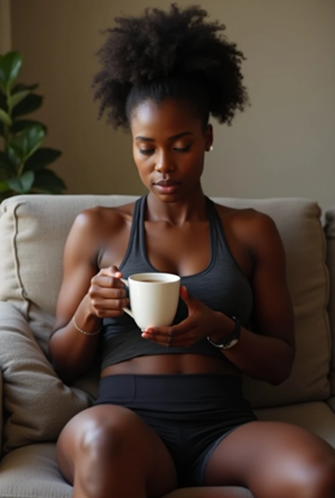 Realistic image of a black woman in running clothes sitting on the couch drinking tea to lose weight, with just a cup in hand and looking to the side