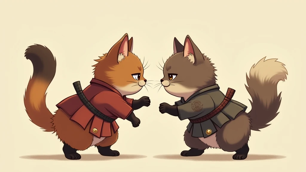 Samurai kittens arguing、Brown Cat、Munchkin、Dispute、fight、cute、whole body