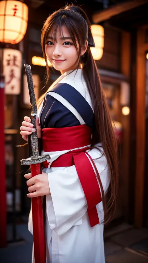 (8k, Photo quality), ( beautiful Japanese woman, age17), Shrine maiden, (Full body image, Model body type, Stand with a sword), (Dark brown long hair,  ponytail), Deep blue eyes, Perfectly sculpted face, A kind smile,  viewers, Tokyo,