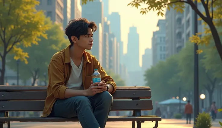 Arun sitting calmly on a park bench, taking a deep breath as the city bustles around him. In one hand, he holds a bottle of water, and in the other, a small notebook where he writes down thoughts he chooses to release.