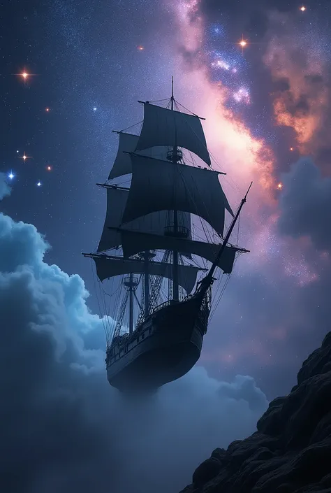 Realistic photo of a Portuguese black ship drifting in the middle of a starry sky, Celestial Bodies, Colorful Stars々Shining Night Sky,   Fantasy Themes , Cinema Lighting, Vivid lighting