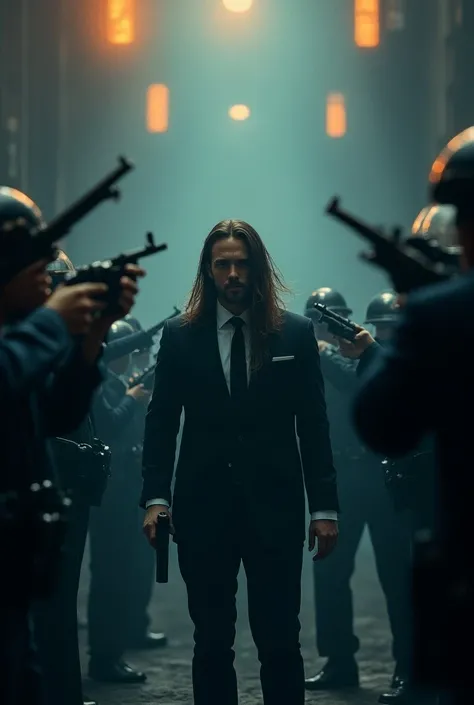 A man with long hair  standing  in middle of the surrounders with suite and gun in handy. Surrounded by cops with holding gun and targeting the standing man head in background of bluish frames. Wiyh orange lights from the top
